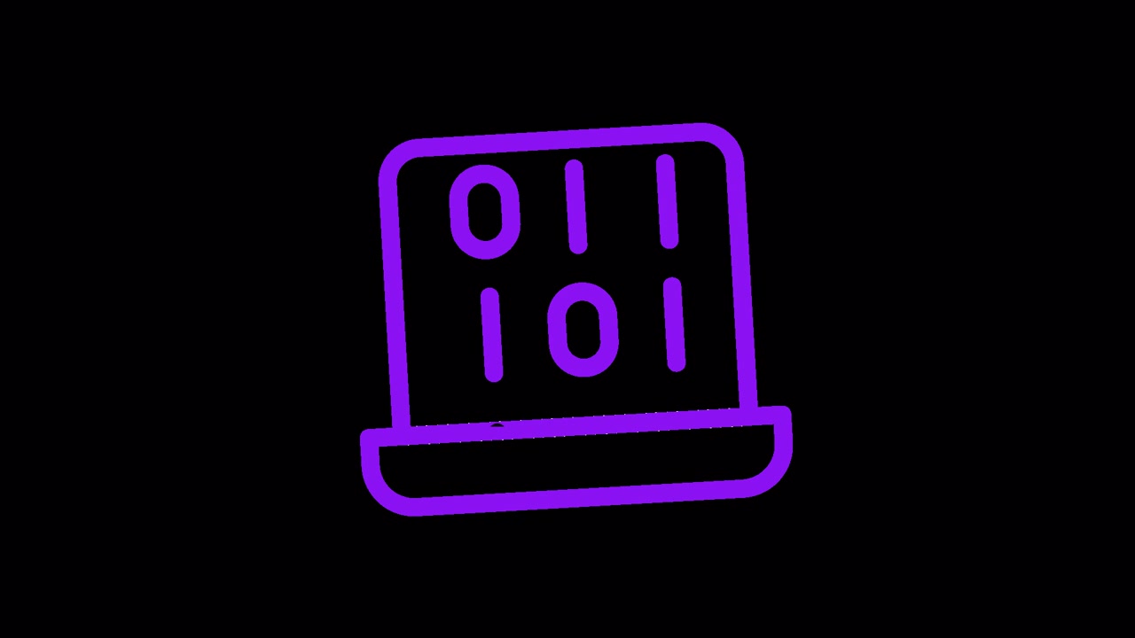 Animated Purple Laptop Icon with Shifting Binary Code