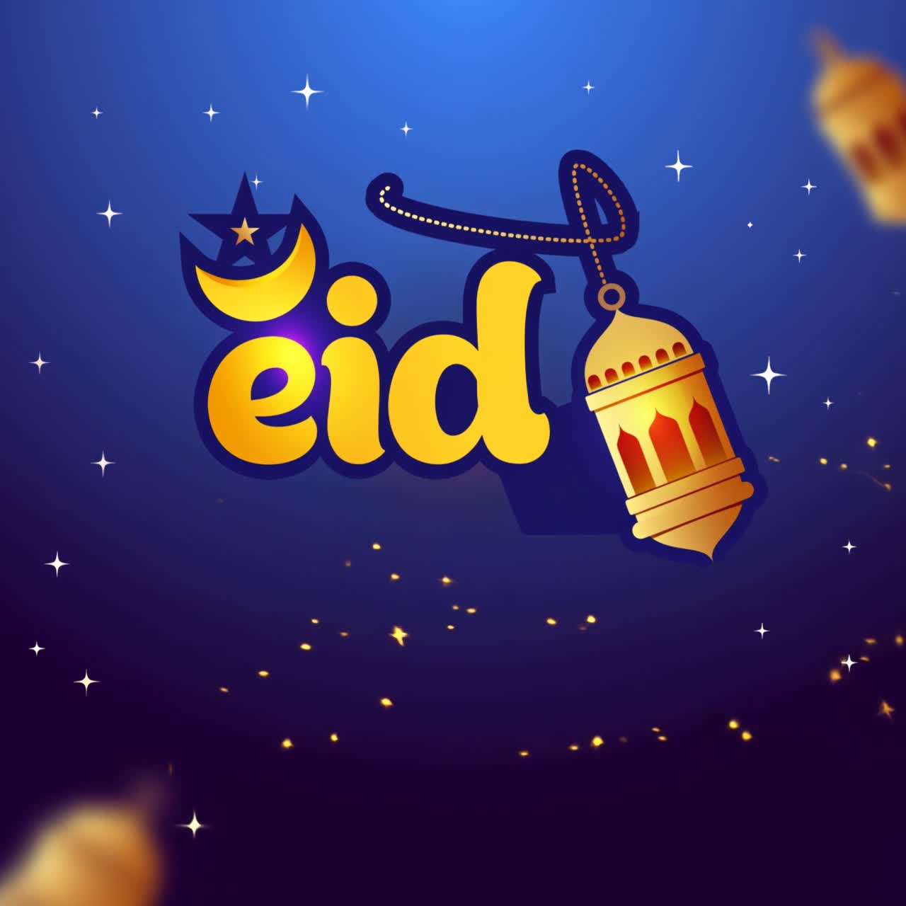 Animazione di auguri Eid Mubarak con grande lanterna appesa, luna crescente e stelle decorative su sfondo festivo a gradiente blu