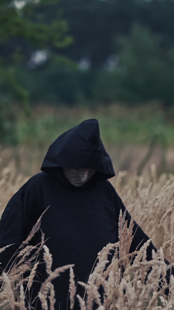 Mystical devil in black mantle on field. Portrait of a spooky figure with scary face in dark robe with hood on blur trees background outdoors. Vertical video
