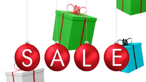 animation of sale text over christmas baubles and presents