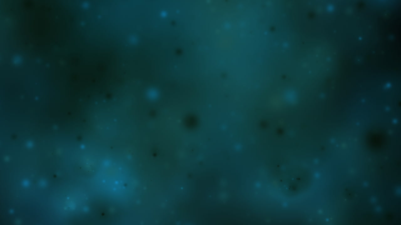 Blue Colored Abstract Dark Floating Particles in Dense Thick Fluid with Dynamic Lighting. Underwater 3D Render Wallpaper Background.