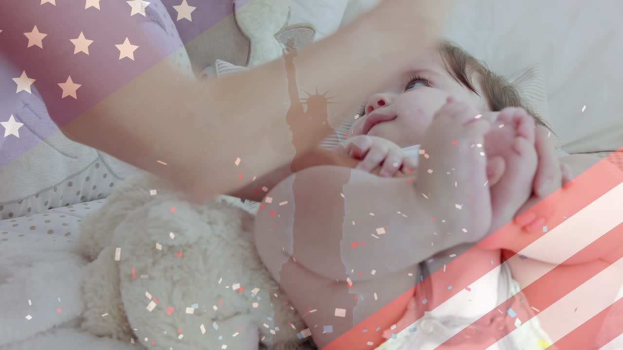 백인 어머니 와 아기 위 에 흔들리는 미국 국기 의 애니메이션