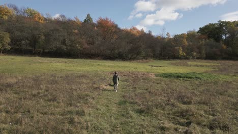 Un-Niño-Pequeño-Y-Su-Amigo-Perro-Caminando-En-Un-Prado-De-Otoño