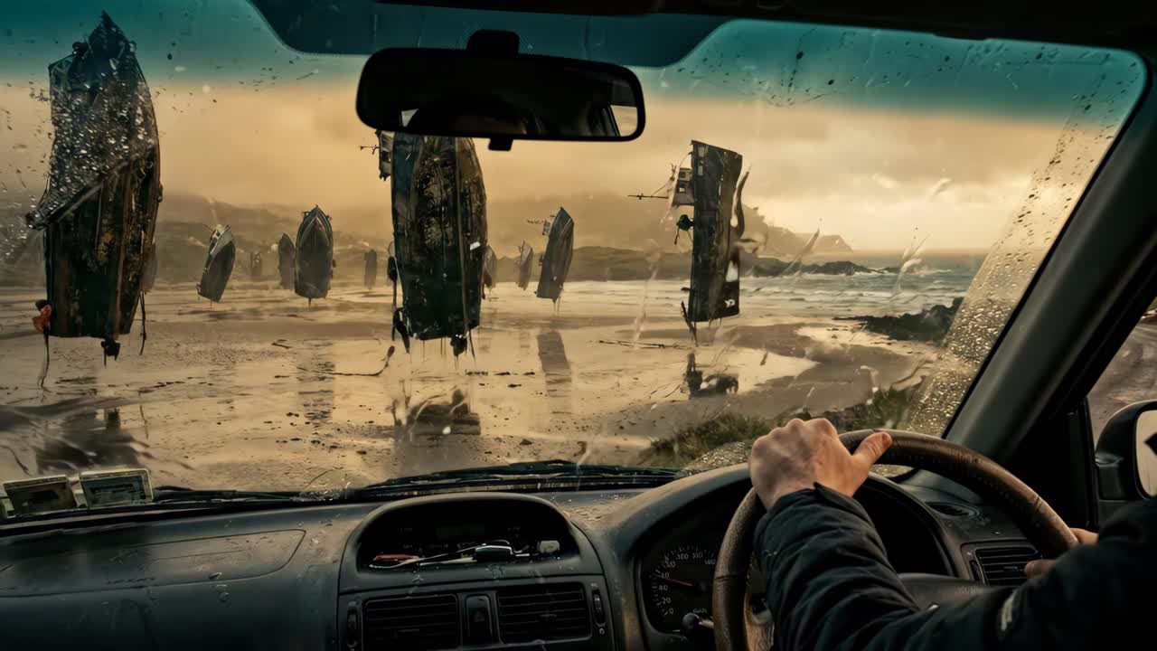 Driver's POV of Surreal Coastal Landscape with Floating Abandoned Boats