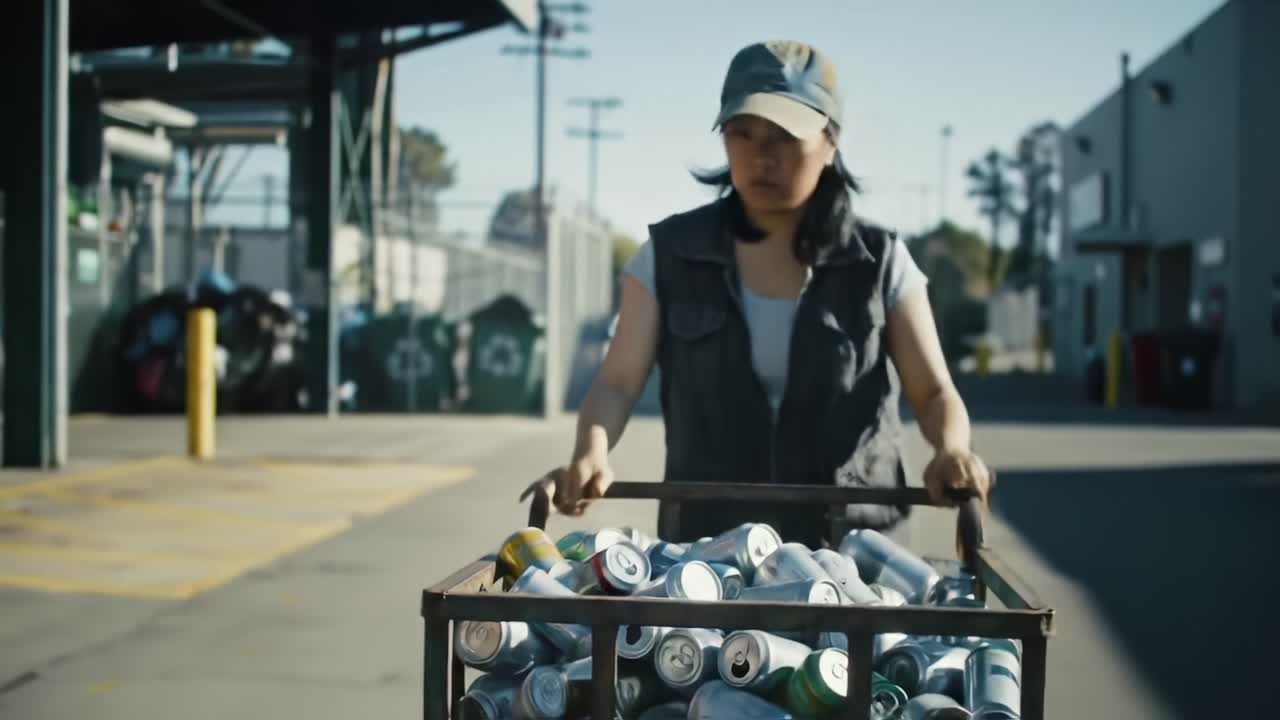 A Dedicated Individual Collects Recyclable Cans at a Recycling Facility, Demonstrating Commitment to Environmental Sustainability and Waste Reduction Efforts