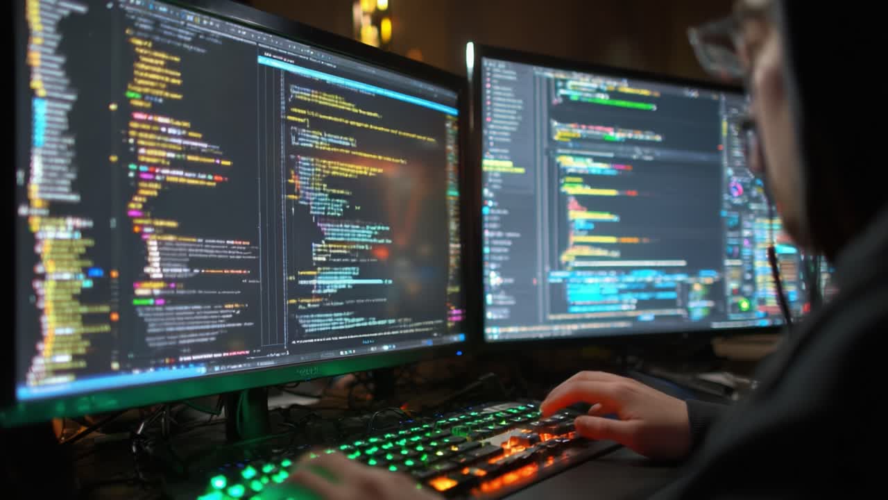 A Programmer's Dual Screen Setup: Immersed in Lines of Code and Complex Algorithms Amidst a Dark Environment with Illuminated Keyboards