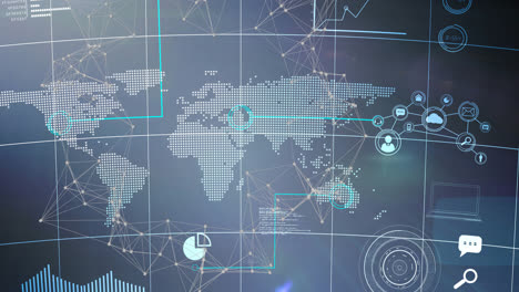 Animation-of-network-of-connections-over-world-map-in-background