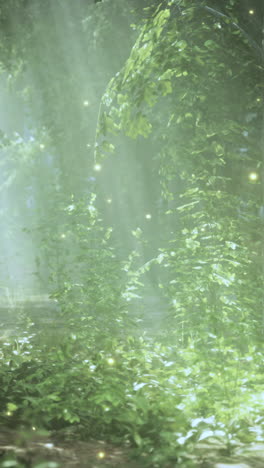 enchanted forest with sunlight and fireflies