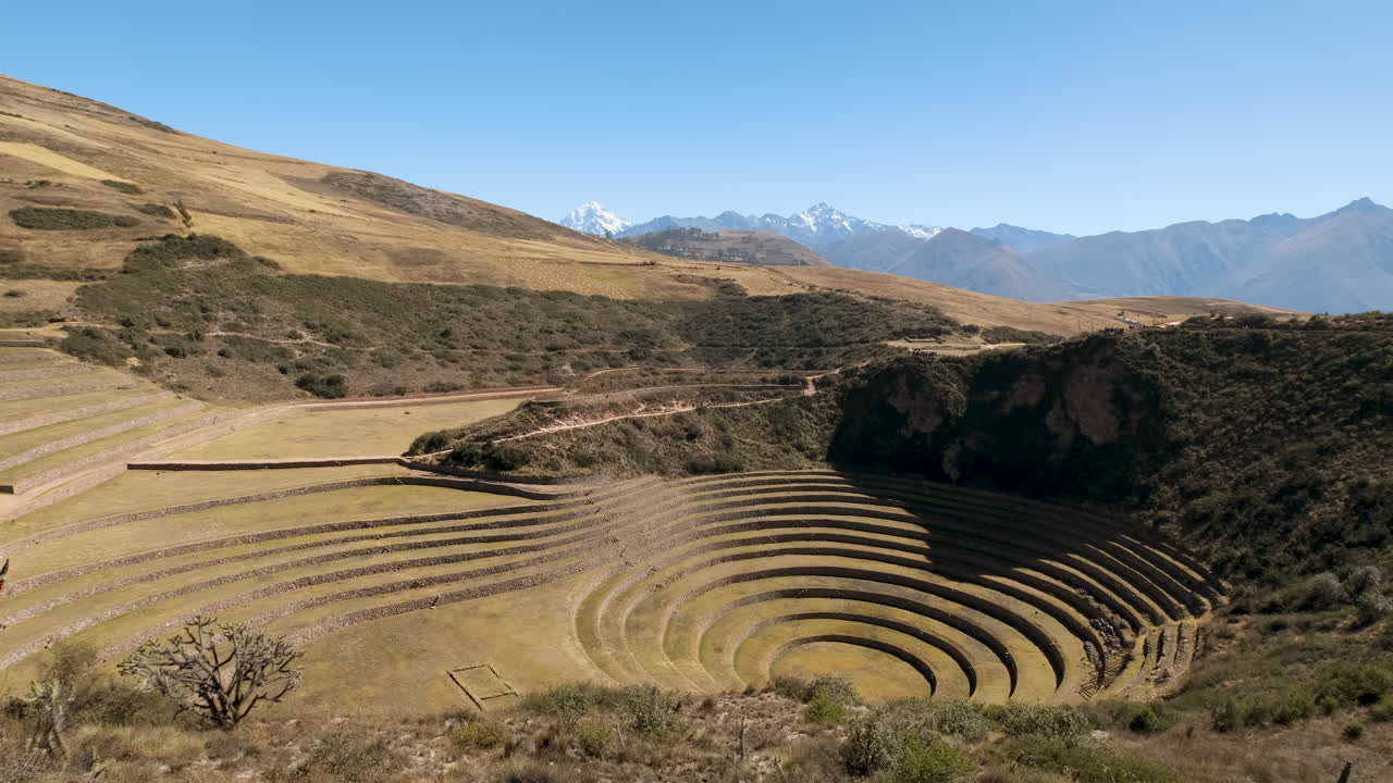 Agricultural terraces of the Moray archaeological site. A testament to ancient Inca engineering, the unique concentric circles create a stunning, otherworldly landscape in Peru's Sacred Valley