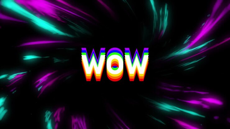 Animazione di banner di testo "Wow" su onde digitali blu e viola, su sfondo nero.