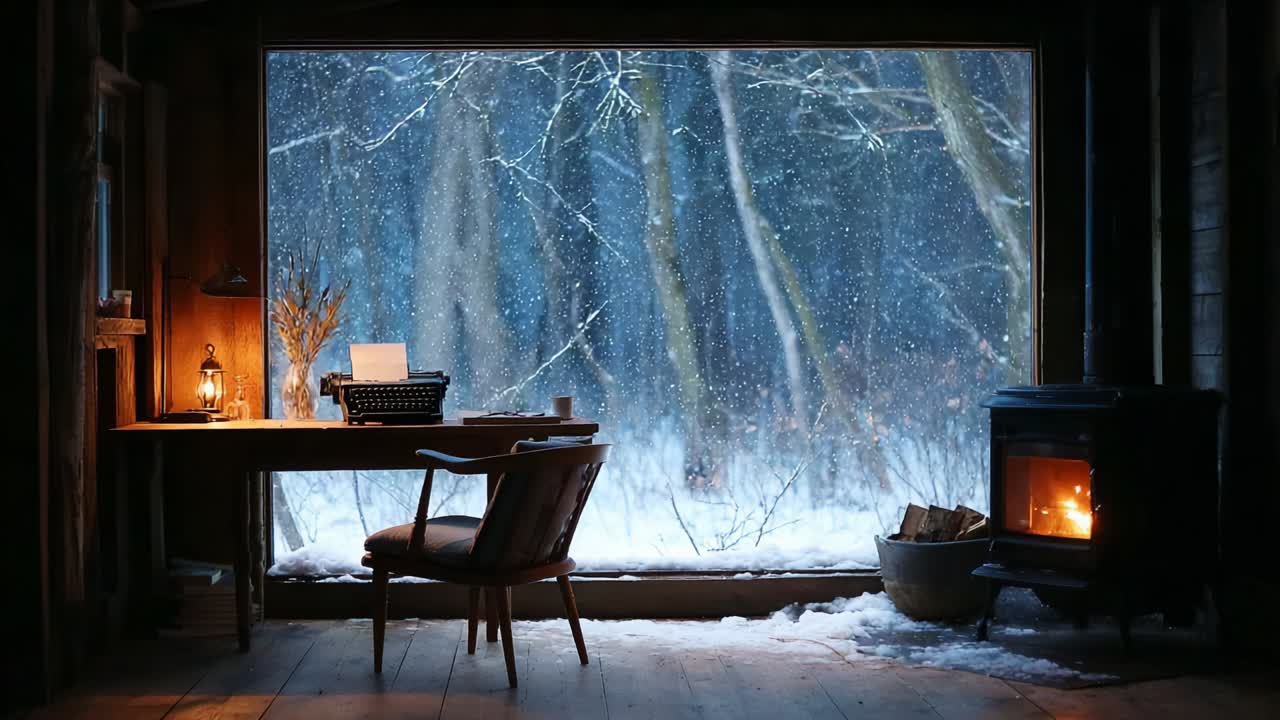 Cozy Cabin Workspace with Typewriter and Fireplace Amidst a Winter Snowstorm, Capturing the Essence of Indoor Comfort and Winter Tranquility in a Rustic Setting