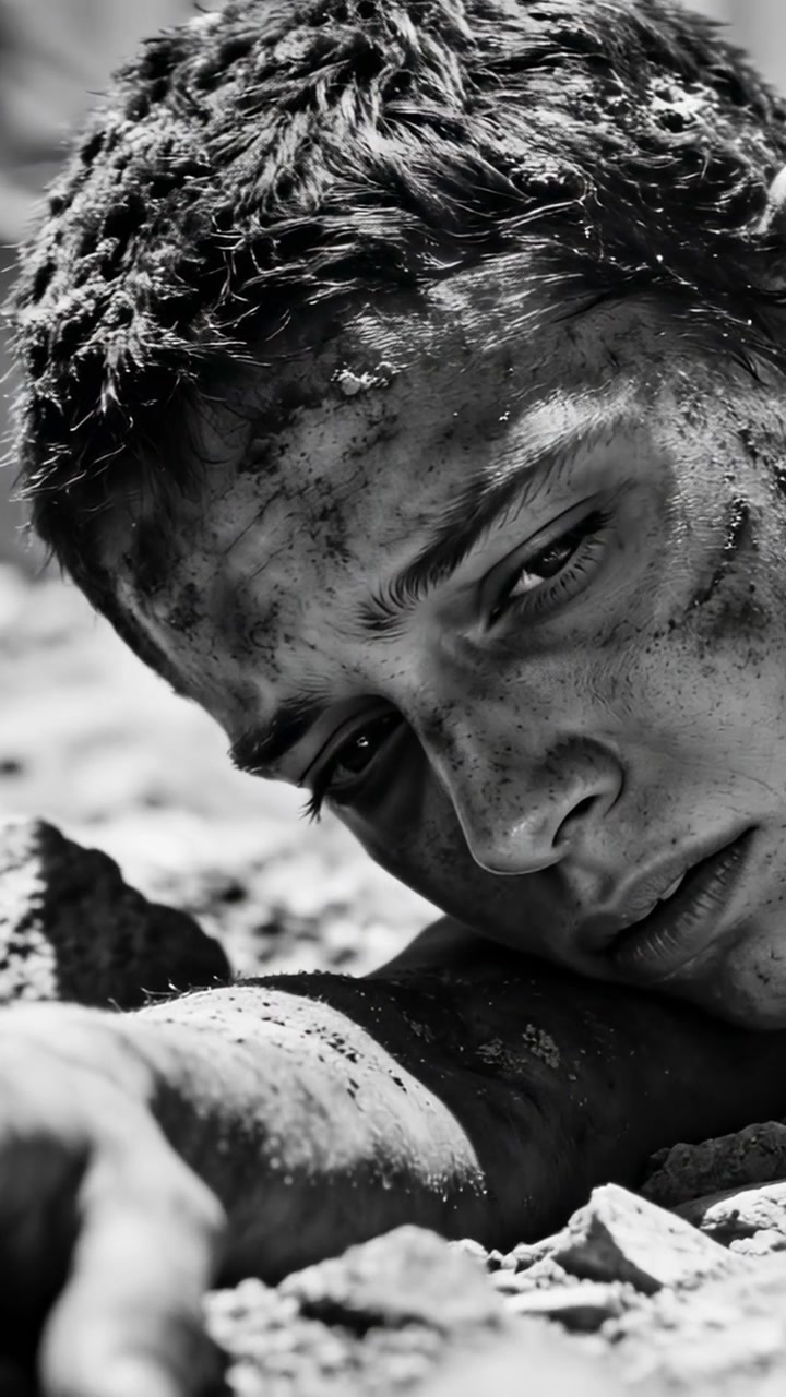 Vertical video: Waking from sun, teen lifting head and scanning sand and pebbles, bare arm gritty