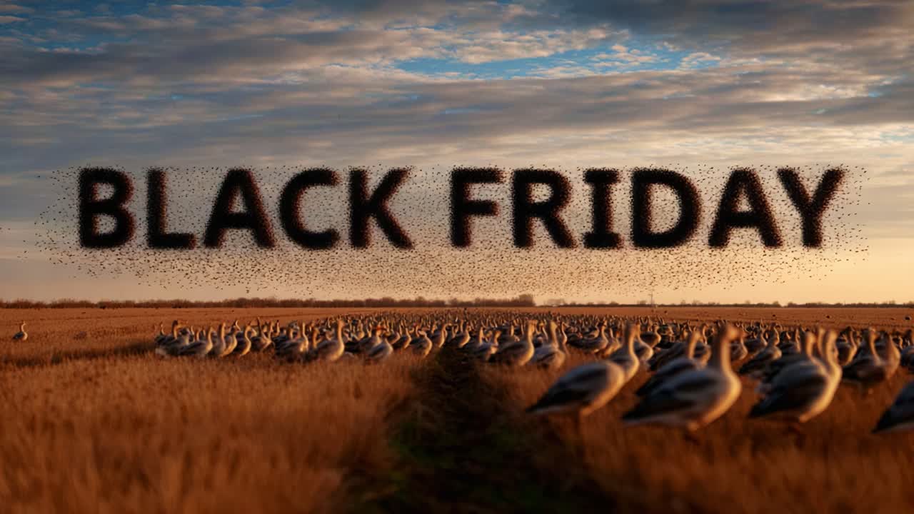 A mesmerizing scene of a vast flock of birds in flight over a tranquil field, with a dramatic sky backdrop, showcasing the beauty of nature and the serenity of the environment