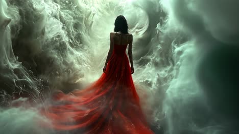 woman in red dress stands amidst swirling waves at twilight