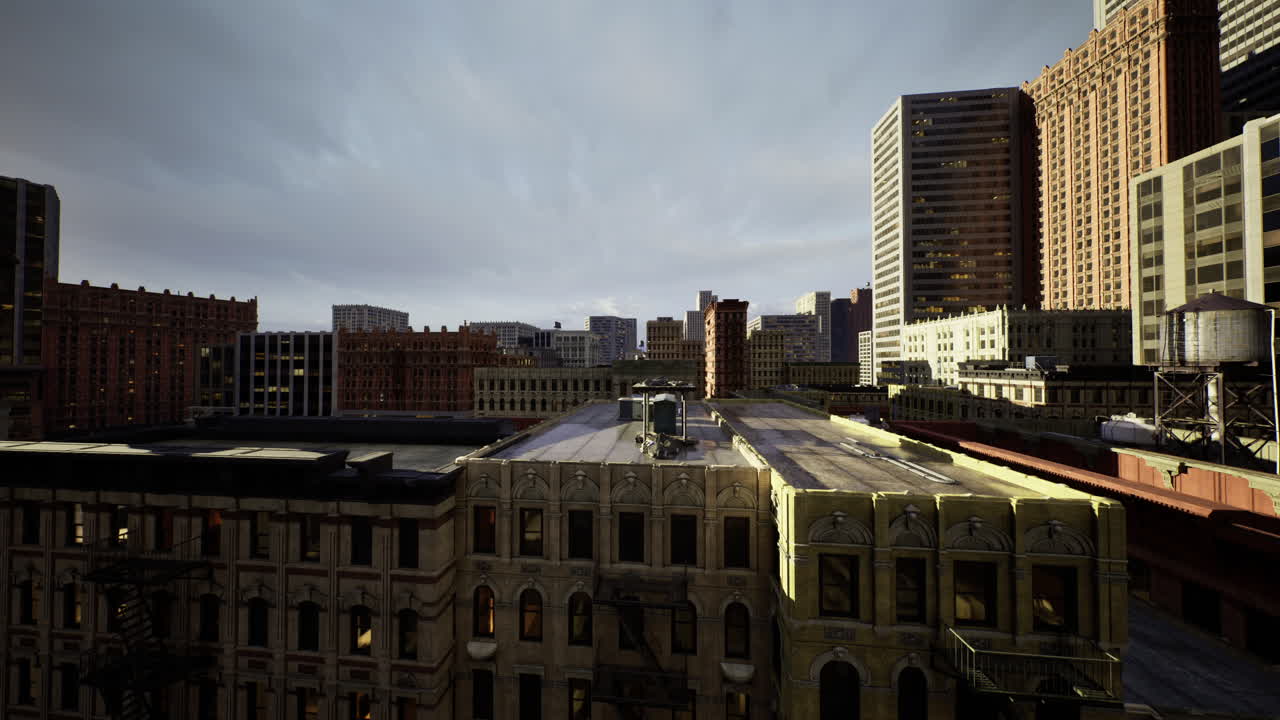 Paesaggio urbano che mostra edifici storici e skyline moderno al crepuscolo