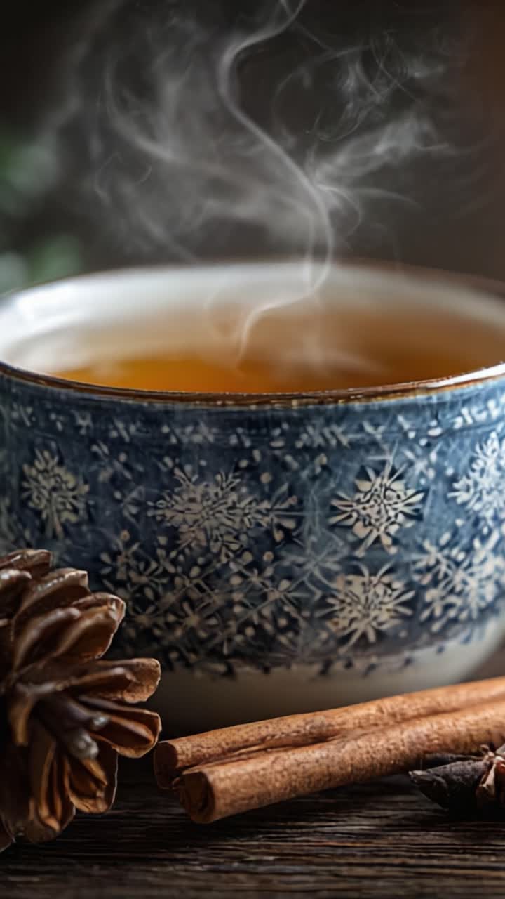 Una tazza di vapore accogliente: lasciati avvolgere dal calore con una tazza da tè decorata ad arte, circondata da stecche di cannella e pigne, perfetta per rilassarsi in inverno