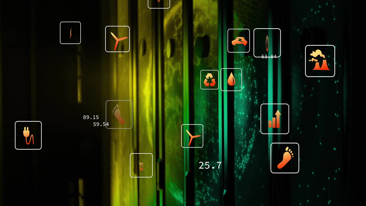 animación de iconos ecológicos y procesamiento de datos a través de servidores informáticos.