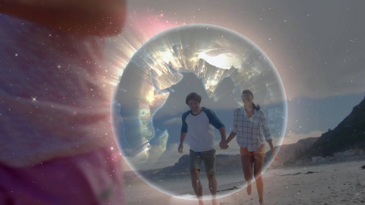 Kids running to beach seeking center sparking orb growing around them showing sand marks for tech