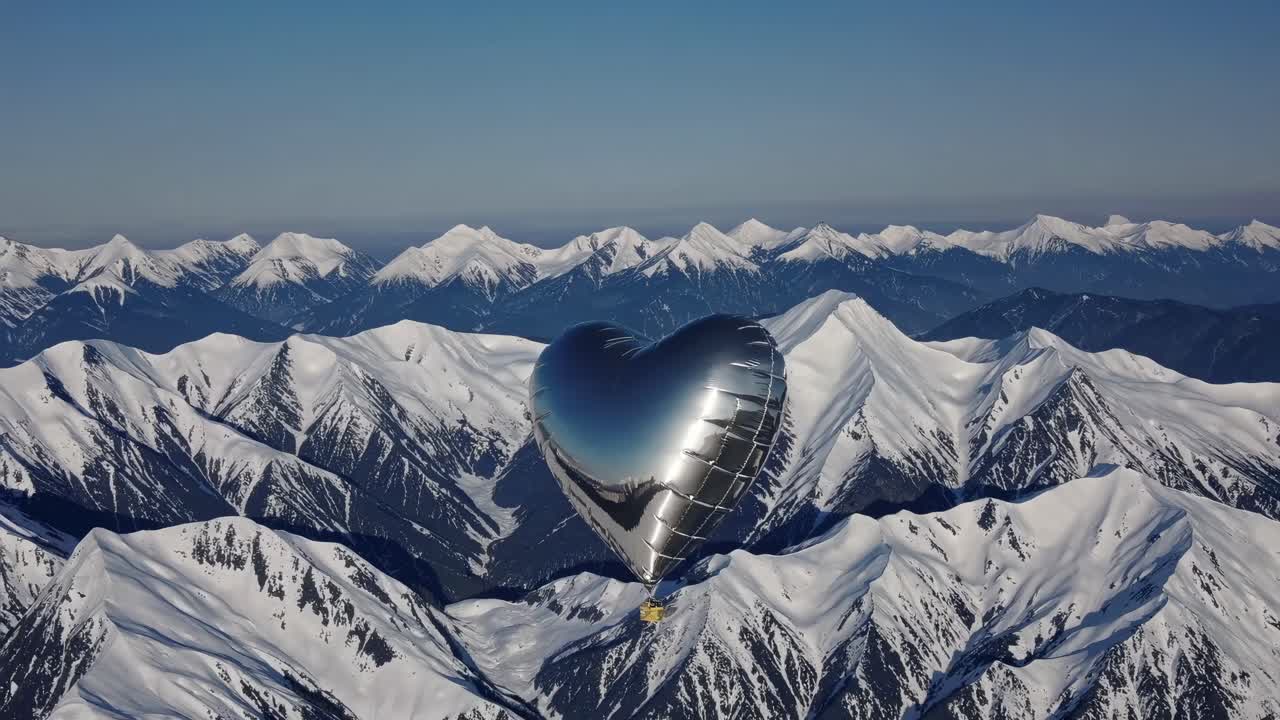 Aerial video captures a silver heart-shaped balloon floating over snow-capped mountains