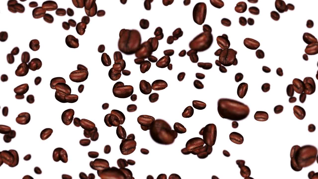 Molti chicchi di caffè che volano su sfondo bianco. Bevanda alla caffeina, Colazione, Aroma. Animazione 3D di chicchi di caffè tostati che ruotano. Animazione in loop