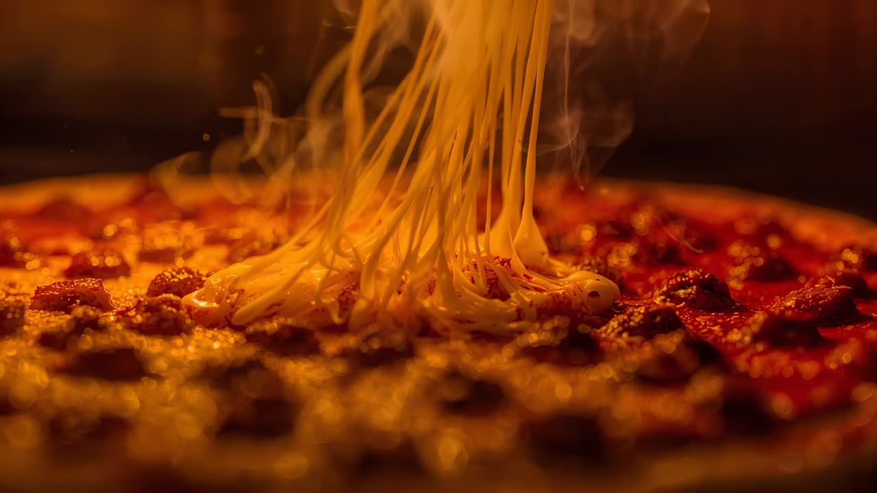 Pizza ai peperoni che si scioglie, lunghi fili di formaggio che cadono nel calore del forno formando una pozza di formaggio
