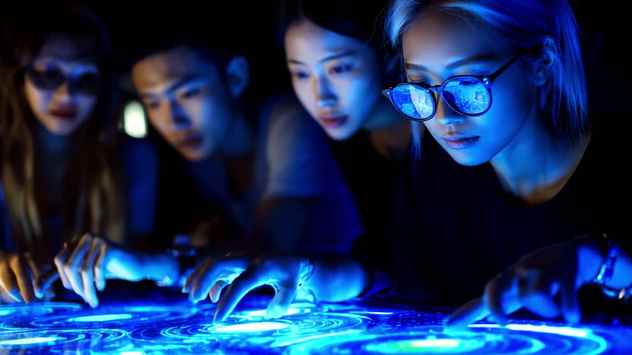 A group of focused individuals engaging with a vibrant, interactive touchscreen display that showcases captivating visual patterns and colors, exploring technology and creativity together
