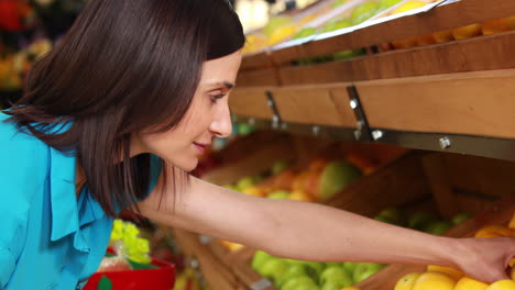 Morena-Sonriente-Poniendo-Limones-En-La-Cesta-De-La-Compra