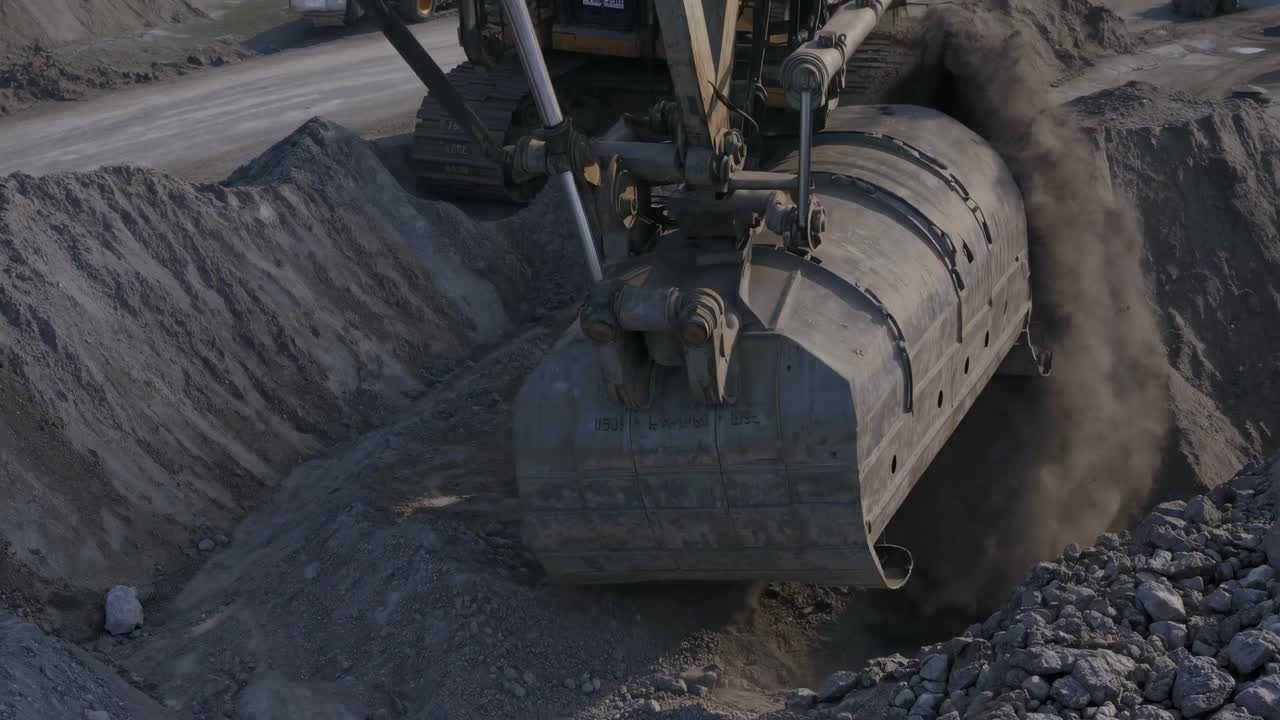 Aerial view of an excavator digging in a quarry, capturing industrial machinery in action video