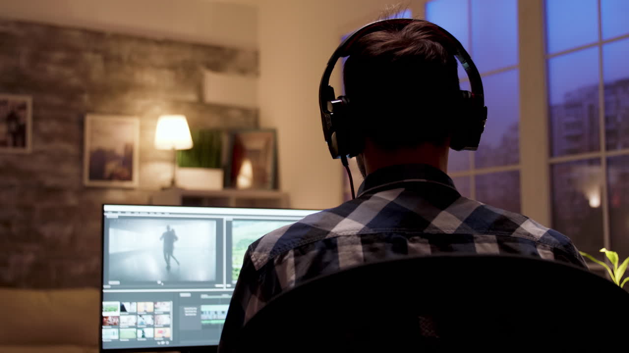 Man Editing Video at Home Studio
