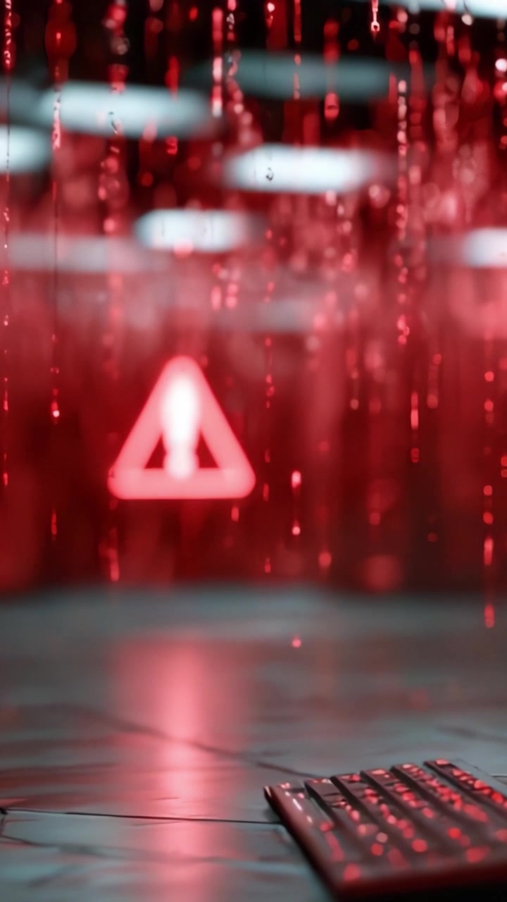A Mysterious Digital Environment Illuminated with Red Lighting Features a Keyboard and a Warning Triangle Sign, Evoking Themes of Cybersecurity and Alertness