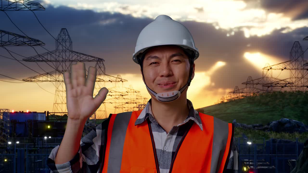 안전 헬을 입은 아시아 남성 엔지니어가 카메라에 미소 짓고 고전압 타워 근처에 서서 작별 인사를 하고 손을 흔들고 있습니다.