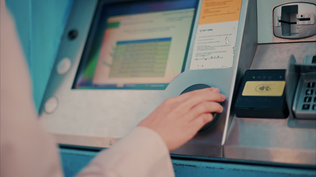 Close up of a woman buying train tickets from the ticket machine