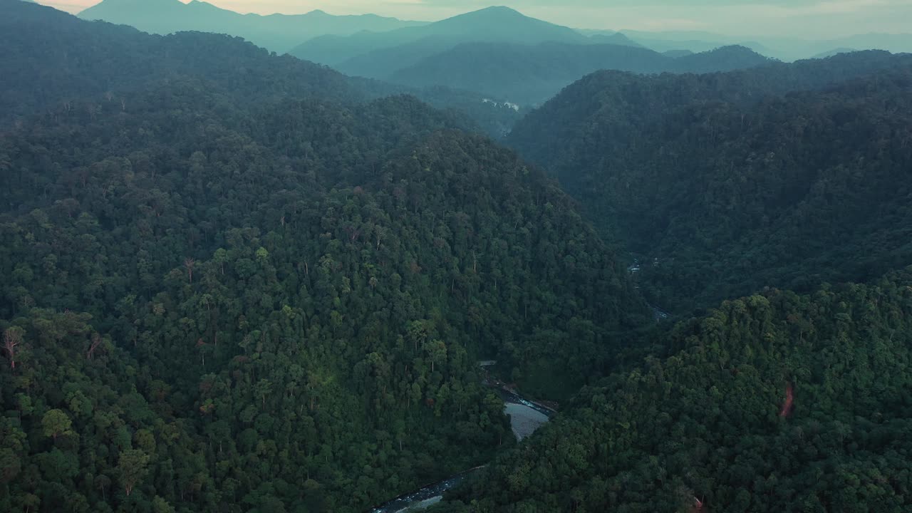 Moody cinematic aerial view of rainforest scenery from Bukit Lawang at dawn in Gunung Leuser National Park, the Tropical Rainforest Heritage of Sumatra, Indonesia