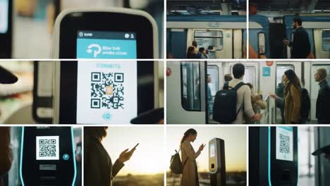 explore the seamless integration of digital ticketing systems in daily commutes. witness passengers using qr codes for efficient train travel in a vibrant city.