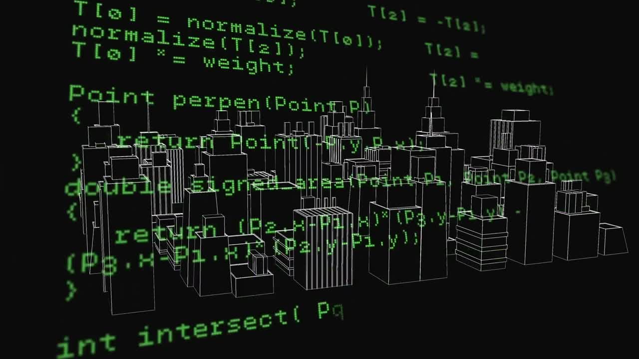 Animation of digital data processing over 3d cityscape spinning