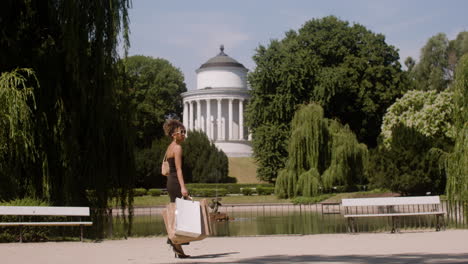 distant view of elegant african woman walking in the park