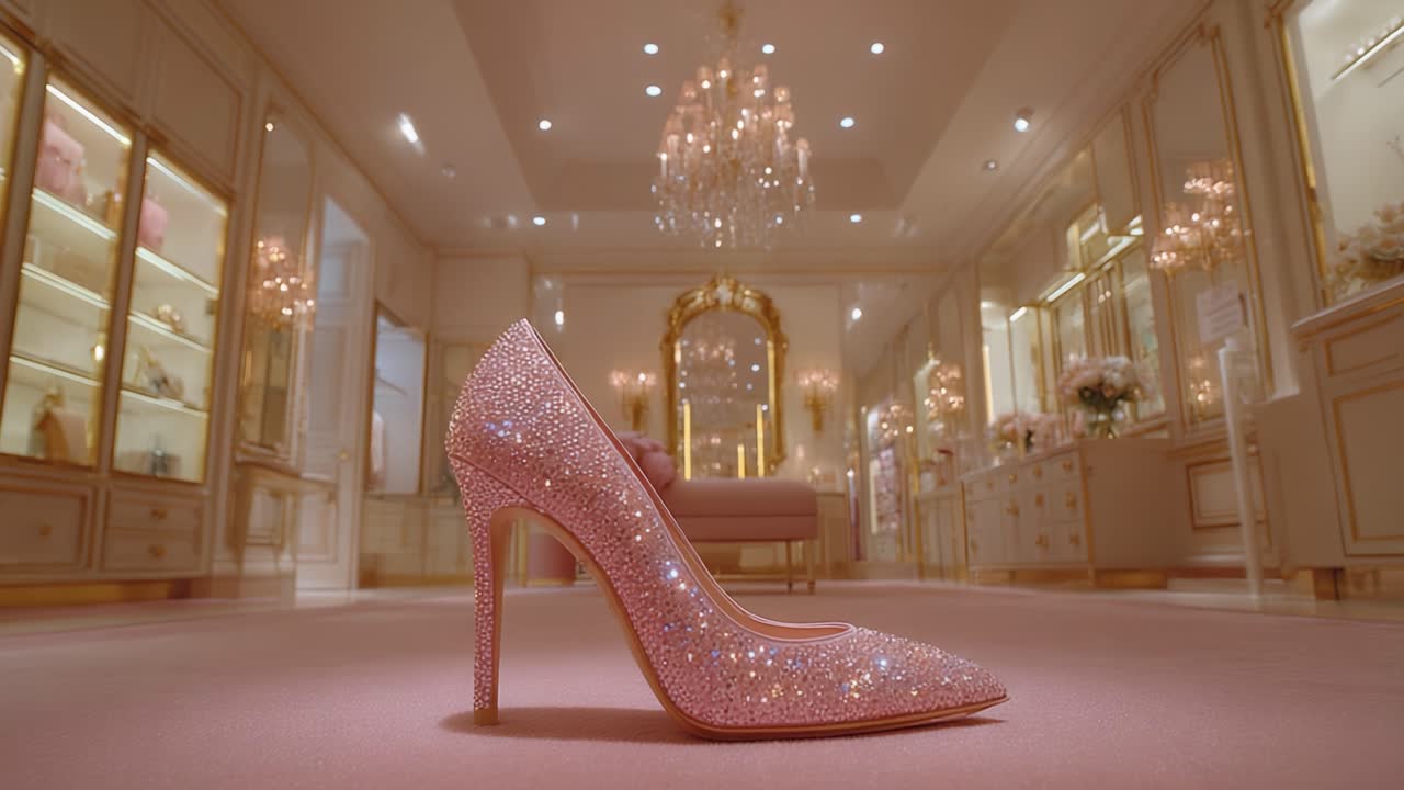 Exquisite Pink Stiletto: A Captivating Showcase of Glamour in an Elegant Boutique Setting with Dazzling Decor and Luxurious Details