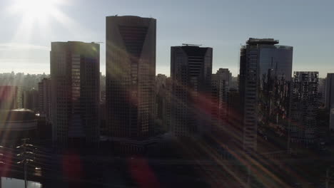 Aerial-view-to-Marginal-Pinheiros,-Estaiada-bridge-and-the-buildings,-Sao-Paulo,-Brazil