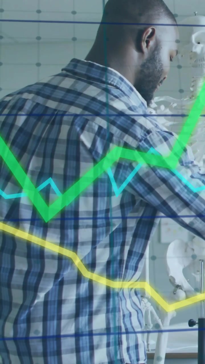 Vertical video: Tapping phone, man turning, adjusting skeleton with glass graphs moving for study