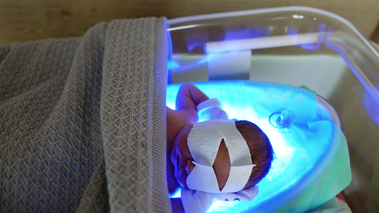 Little infant with bandage on eyes lies in a crib hand behind head. Newborn is treated from high bilirubin levels.