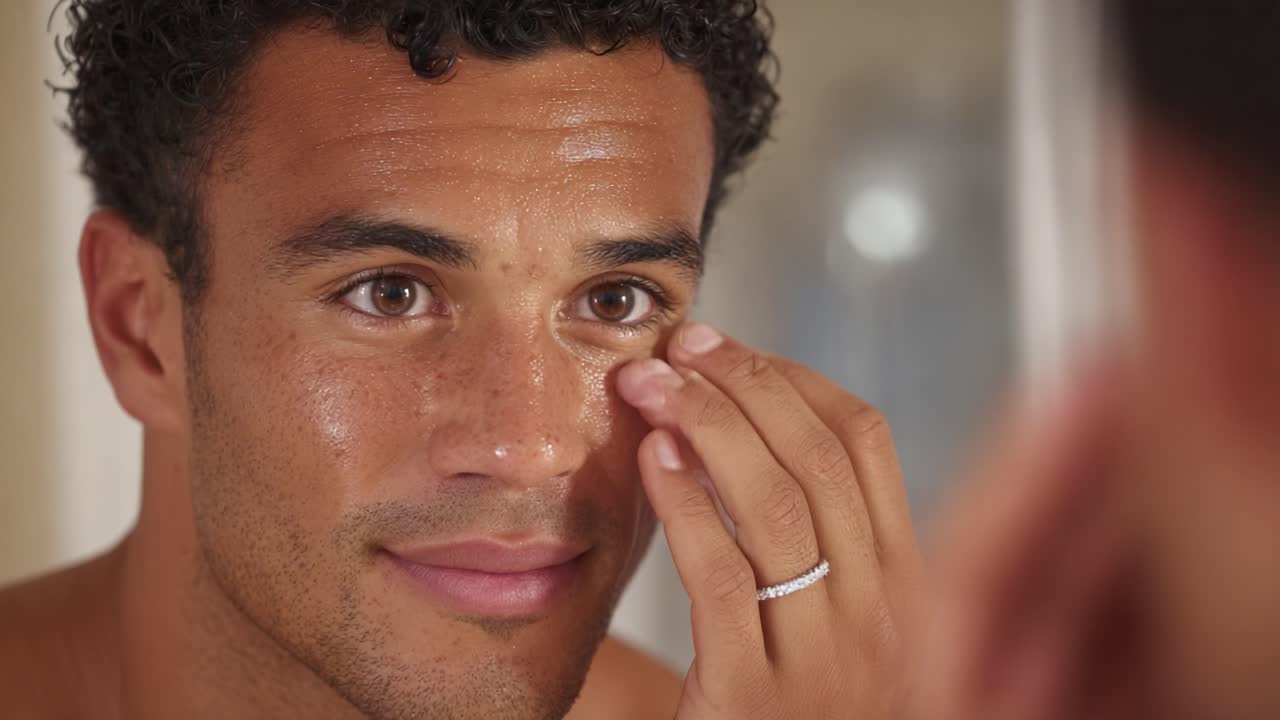 A Focused Self-Care Moment: A Man Examines His Skin in the Mirror, Reflecting on Grooming, Confidence, and Personal Care Rituals