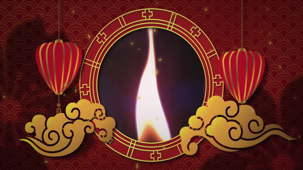Chinese New Year animation with lanterns and clouds over circular frame
