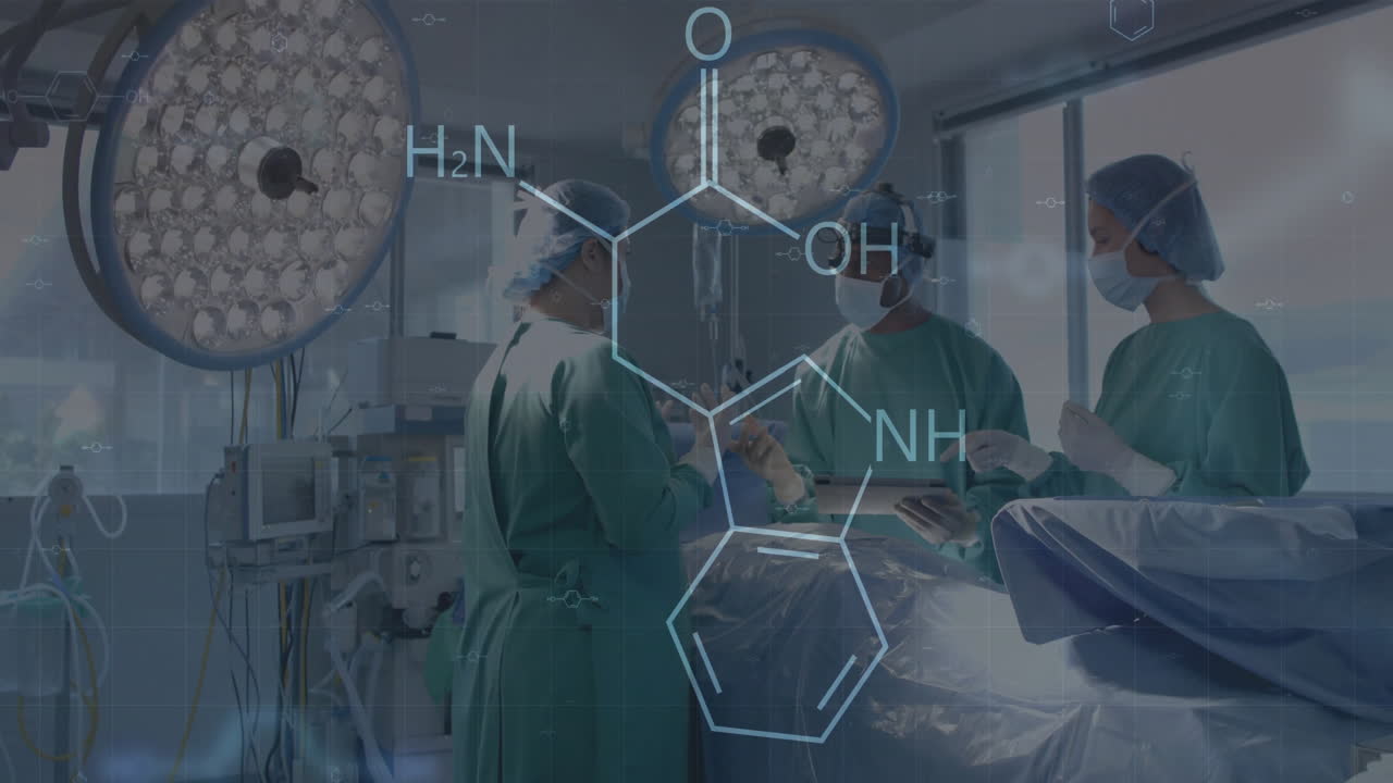 병원에서 다양한 외과 의사에 대한 과학적 데이터 처리의 애니메이션