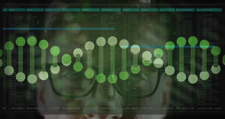 Man facing camera as teal bars summoning rotating DNA helix crossing glasses, visualizing biotech