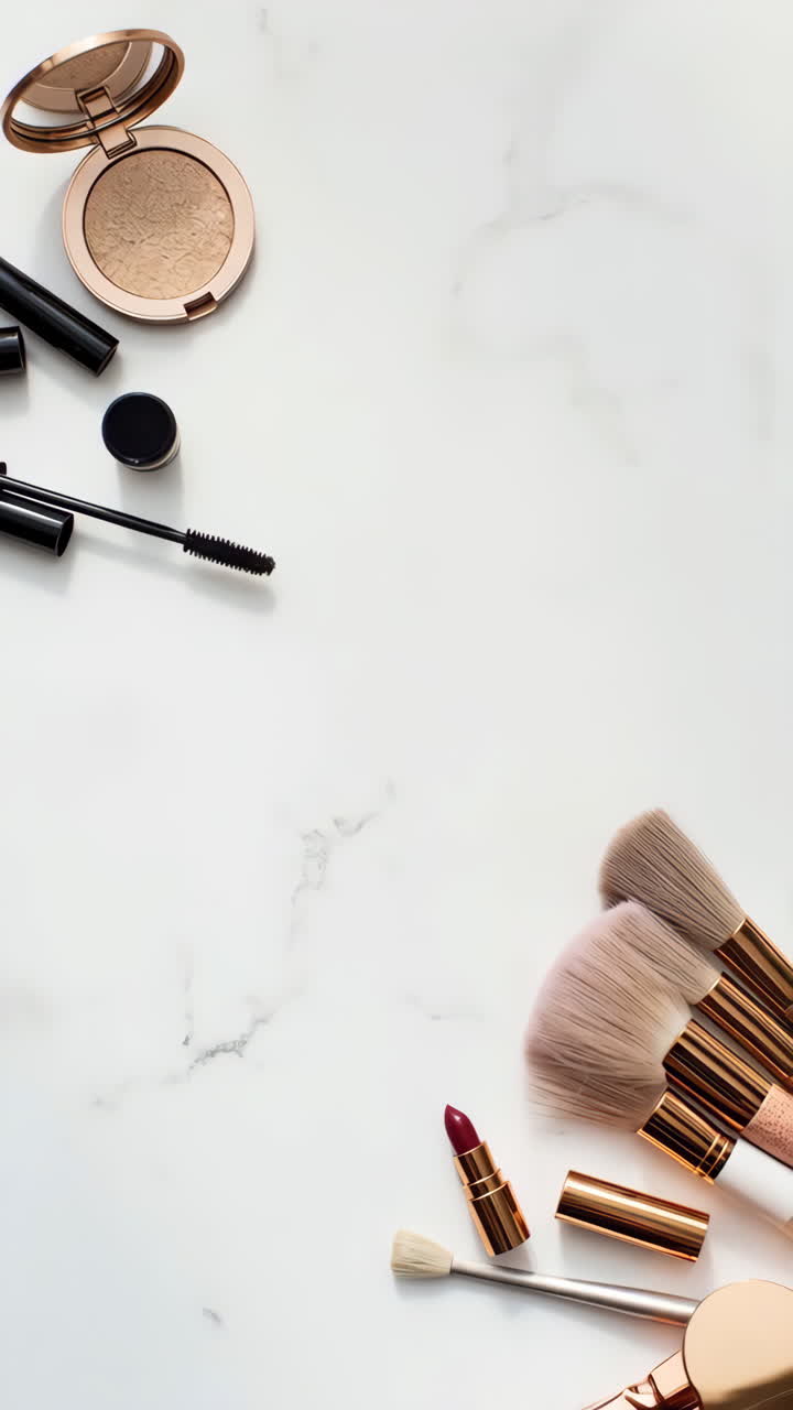Makeup Products and Brushes on Marble Background