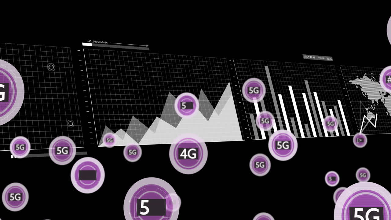 animación de texto 5g, procesamiento de datos digitales sobre fondo negro
