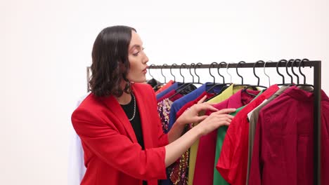 a woman selecting clothes from a colorful clothing rack