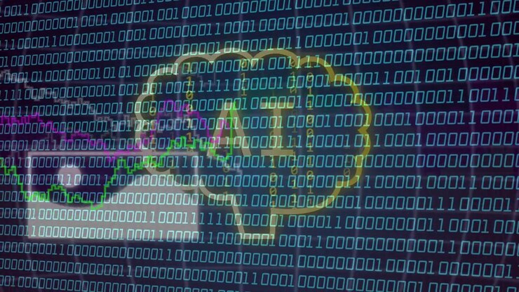 Binary grid rising, neon brain glowing, white panel sliding, jagged chart passing, visualizing data