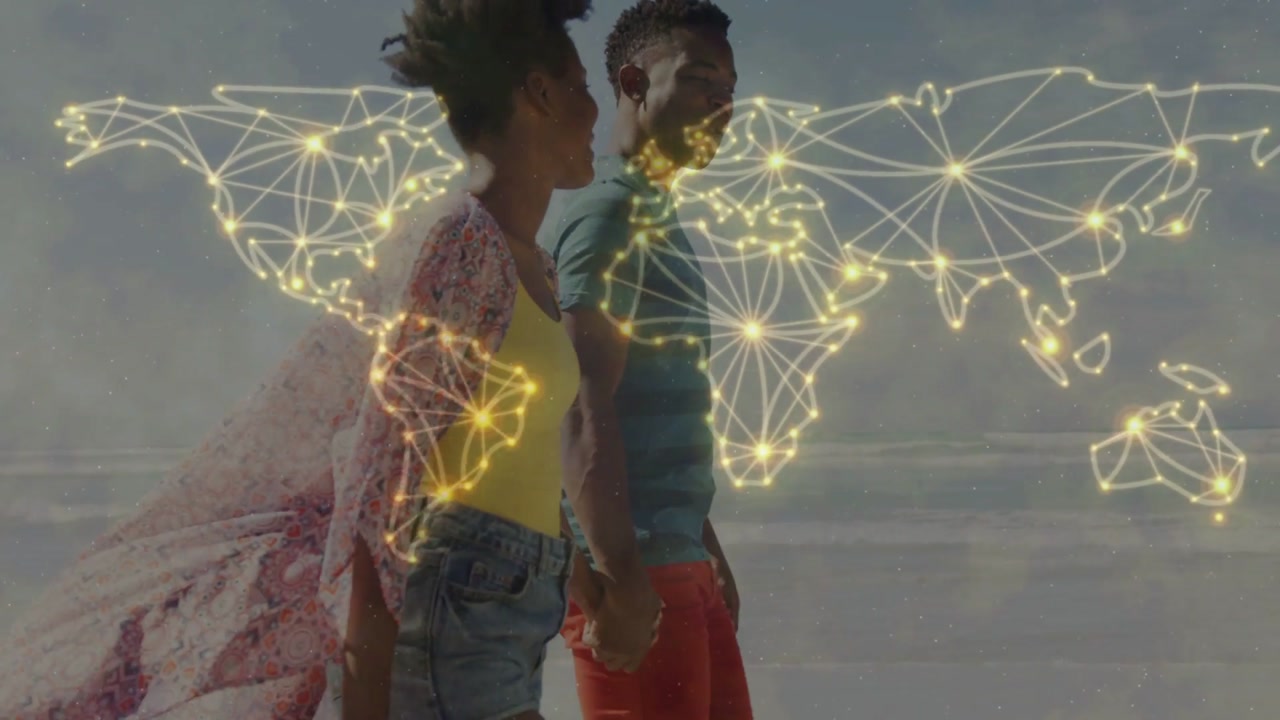 Woman walking beach man following particles appearing around her forming tech map showing links