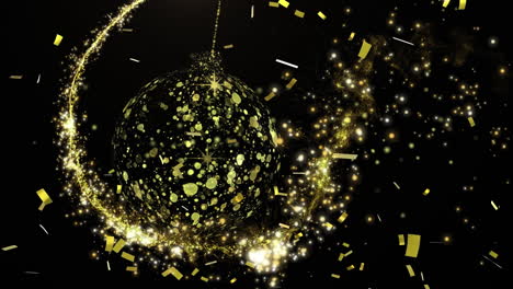 animation of confetti and shooting star over golden bauble on black background